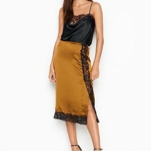 Victoria's Secret Vintage!! Midi slip lace satin skirt in brown